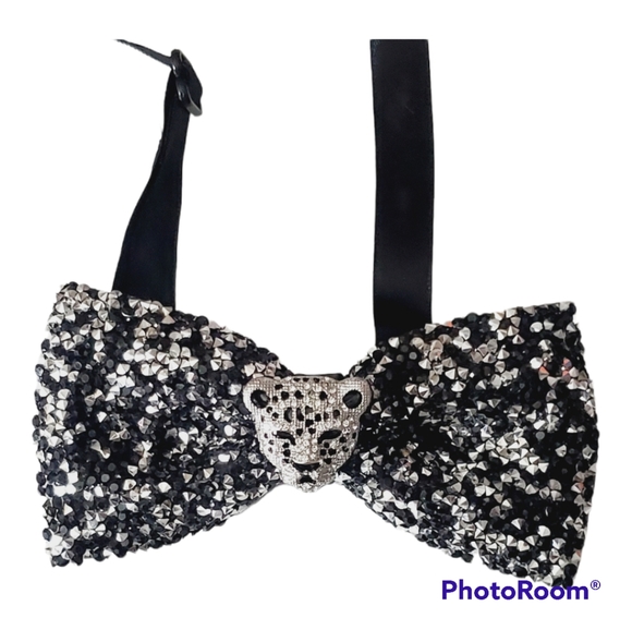 Mens blinged out leopard bowtie wedding groom black tie suit custom handmade OS - Picture 7 of 12